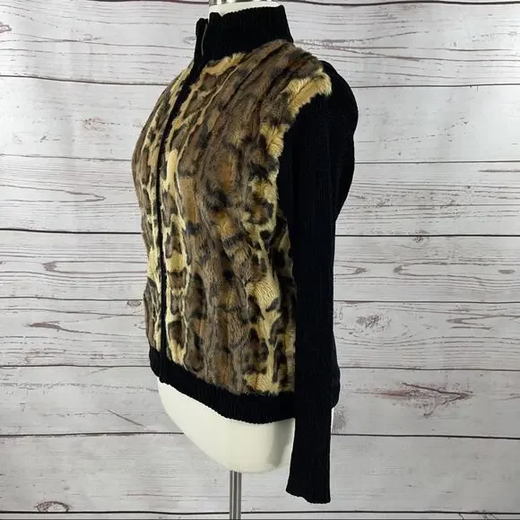 Lisa International faux fur animal print sweater zip front high neck - Picture 5 of 11